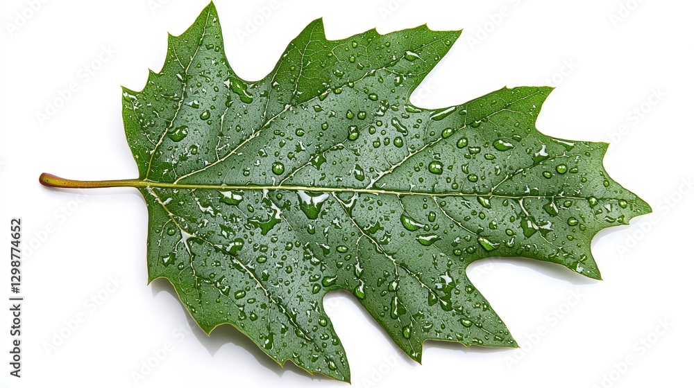 Fototapeta premium Green Leaf with Water Droplets on White Background