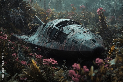 crashed UFO on an Alien world, with a prominent view of its damaged hull, against a backdrop of strange flora