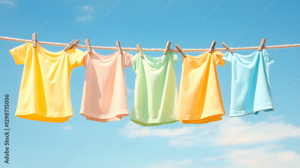 Colorful shirts hanging on a clothesline against a blue sky Colorful shirts hanging on a clothesline against a blue sky