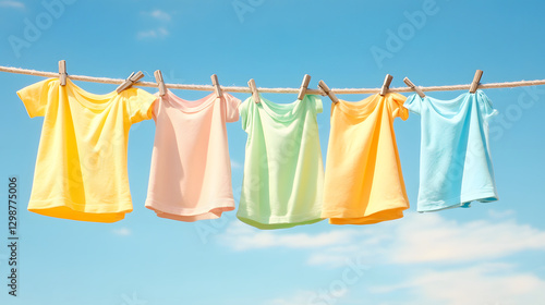 Colorful shirts hanging on a clothesline against a blue sky