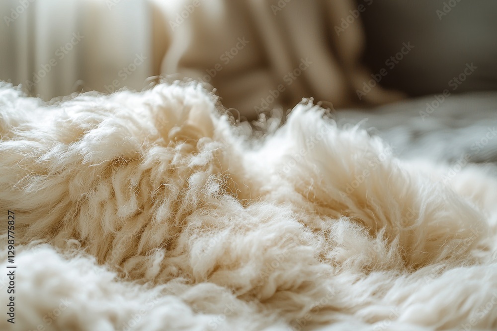 A luxurious close-up of a soft, white sheepskin rug bathed in gentle natural light, showcasing its plush texture and inviting warmth, creating a cozy and serene ambiance.