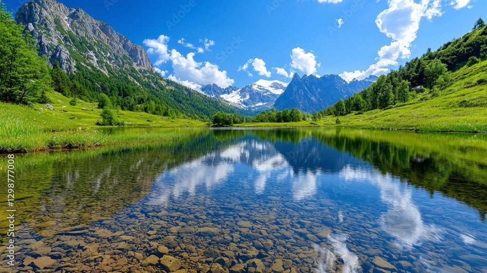 Fototapeta premium Tranquil Mountain Lake Reflection Under Blue Sky