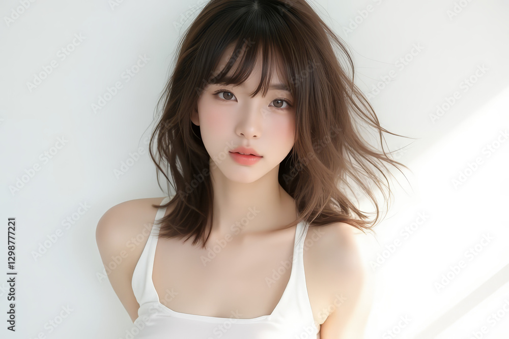 Asian Female in Studio Setting - Young Woman on White Background with Soft Shadows - Styled Long Hair - Portrait of Eastern Beauty for Fashion or Cosmetic Model - Photoshoot Modelling Asian Female in Studio Setting - Young Woman on White Background with Soft Shadows - Styled Long Hair - Portrait of Eastern Beauty for Fashion or Cosmetic Model - Photoshoot Modelling