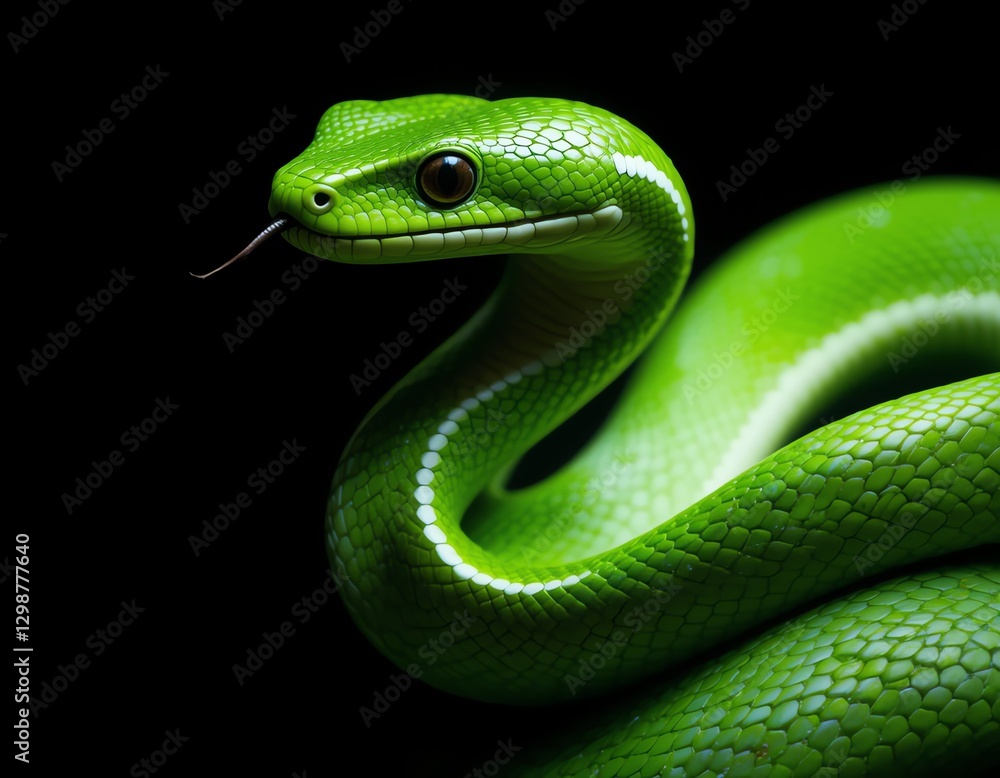 Close-up of a vibrant green snake against a black background. Close-up of a vibrant green snake against a black background.
