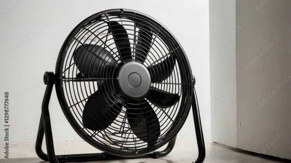 Black Metal Floor Fan with Five Blades on White Background Black Metal Floor Fan with Five Blades on White Background