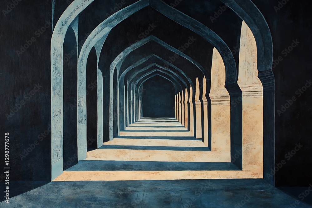 Obraz premium Sunlit arched hallway, architectural perspective.