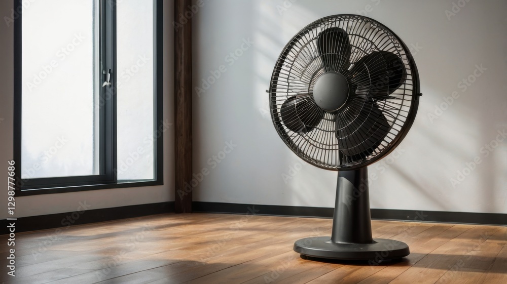 Black Oscillating Floor Fan in Bright Room with Wooden Floor Black Oscillating Floor Fan in Bright Room with Wooden Floor
