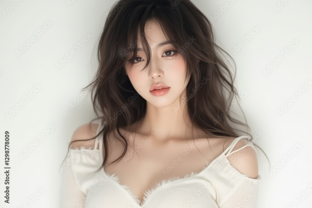 Asian Female in Studio Setting - Young Woman on White Background with Soft Shadows - Styled Long Hair - Portrait of Eastern Beauty for Fashion or Cosmetic Model - Photoshoot Modelling Asian Female in Studio Setting - Young Woman on White Background with Soft Shadows - Styled Long Hair - Portrait of Eastern Beauty for Fashion or Cosmetic Model - Photoshoot Modelling
