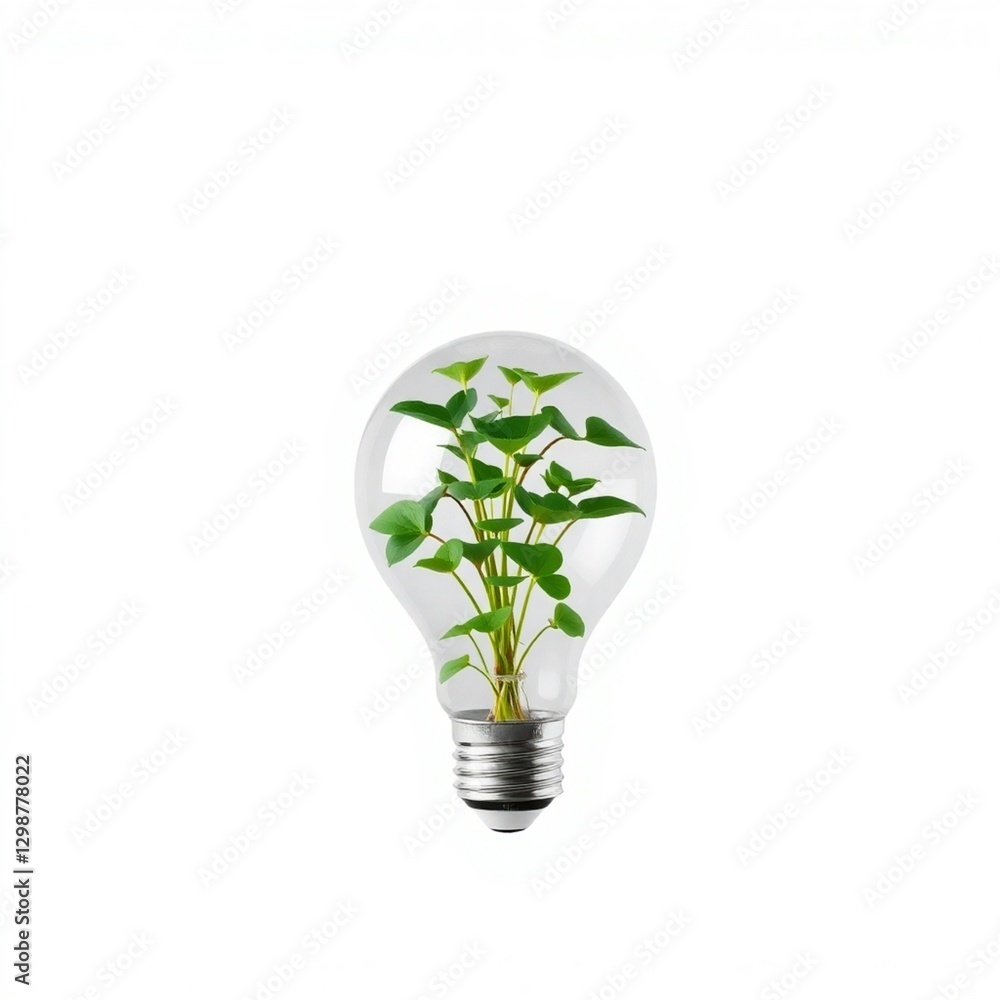 High-resolution stock photo A meticulously cut-out image showcases a green plant growing within a clear light bulb. High-resolution stock photo A meticulously cut-out image showcases a green plant growing within a clear light bulb.