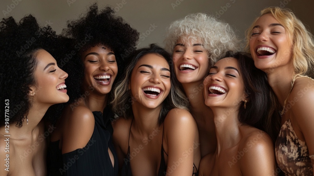 Diverse group of joyful women with different hairstyles and skin tones sharing a moment of laughter and friendship, embodying unity and happiness in natural beauty. Diverse group of joyful women with different hairstyles and skin tones sharing a moment of laughter and friendship, embodying unity and happiness in natural beauty.