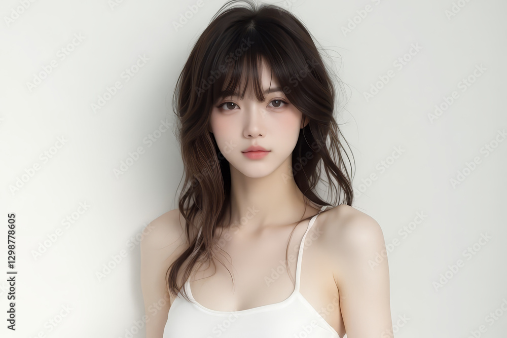 Asian Female in Studio Setting - Young Woman on White Background with Soft Shadows - Styled Long Hair - Portrait of Eastern Beauty for Fashion or Cosmetic Model - Photoshoot Modelling Asian Female in Studio Setting - Young Woman on White Background with Soft Shadows - Styled Long Hair - Portrait of Eastern Beauty for Fashion or Cosmetic Model - Photoshoot Modelling