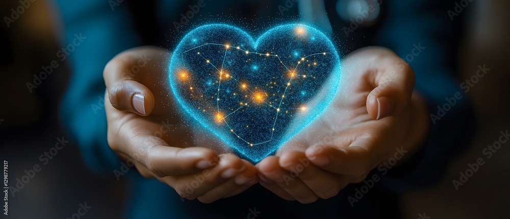 Futuristic glowing heart with star constellation in hands Futuristic glowing heart with star constellation in hands