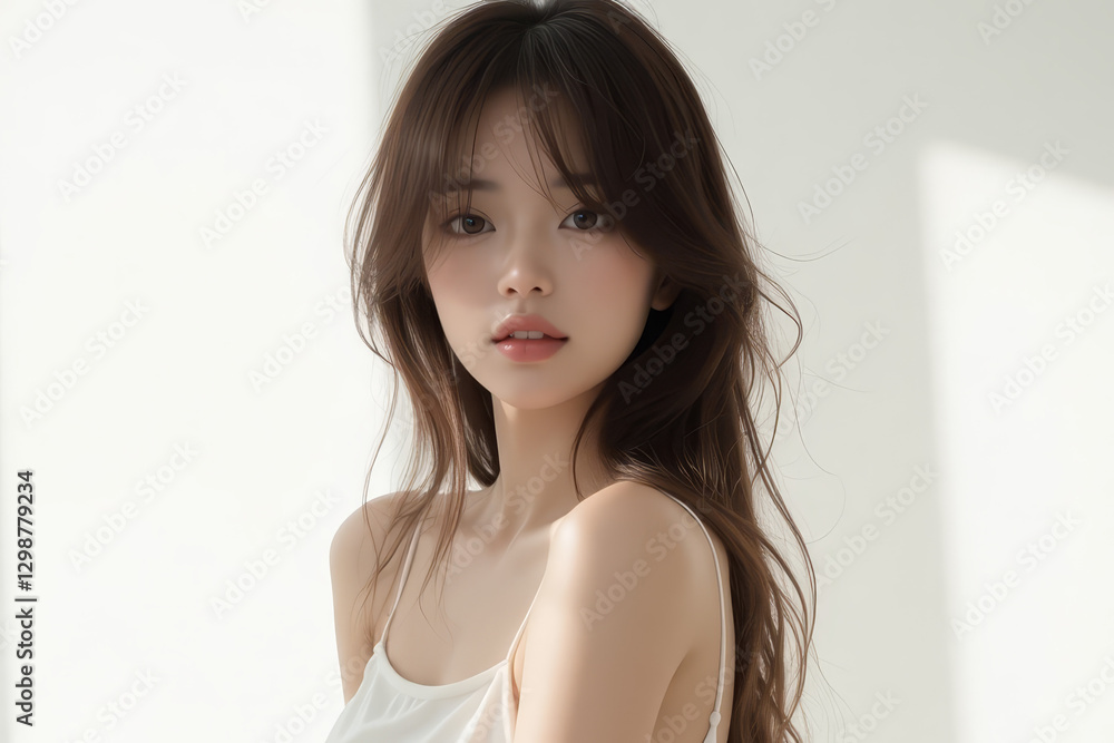 Asian Female in Studio Setting - Young Woman on White Background with Soft Shadows - Styled Long Hair - Portrait of Eastern Beauty for Fashion or Cosmetic Model - Photoshoot Modelling Asian Female in Studio Setting - Young Woman on White Background with Soft Shadows - Styled Long Hair - Portrait of Eastern Beauty for Fashion or Cosmetic Model - Photoshoot Modelling
