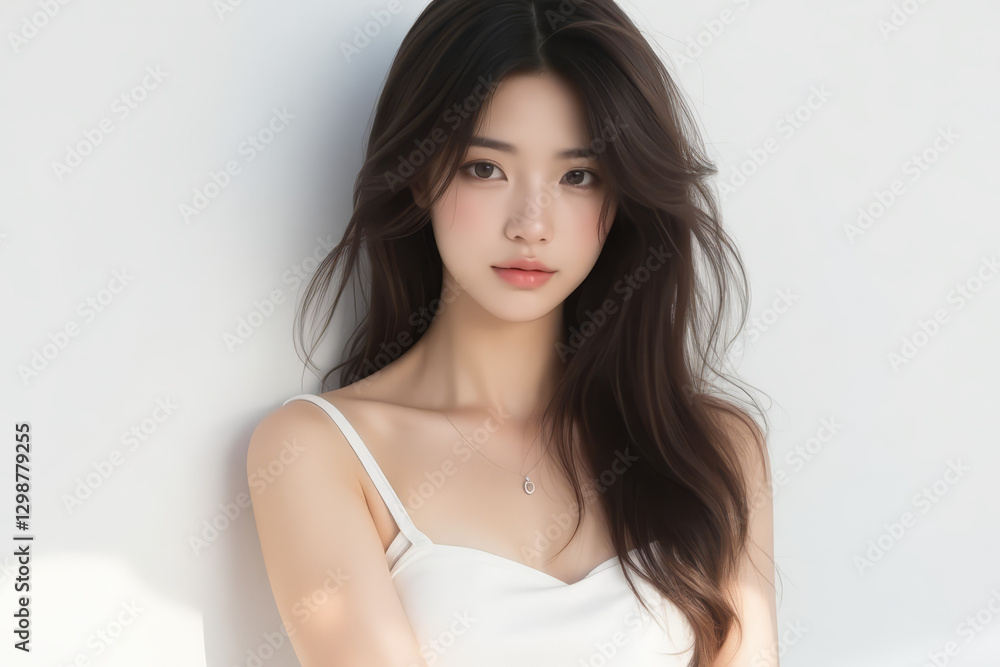 Asian Female in Studio Setting - Young Woman on White Background with Soft Shadows - Styled Long Hair - Portrait of Eastern Beauty for Fashion or Cosmetic Model - Photoshoot Modelling Asian Female in Studio Setting - Young Woman on White Background with Soft Shadows - Styled Long Hair - Portrait of Eastern Beauty for Fashion or Cosmetic Model - Photoshoot Modelling