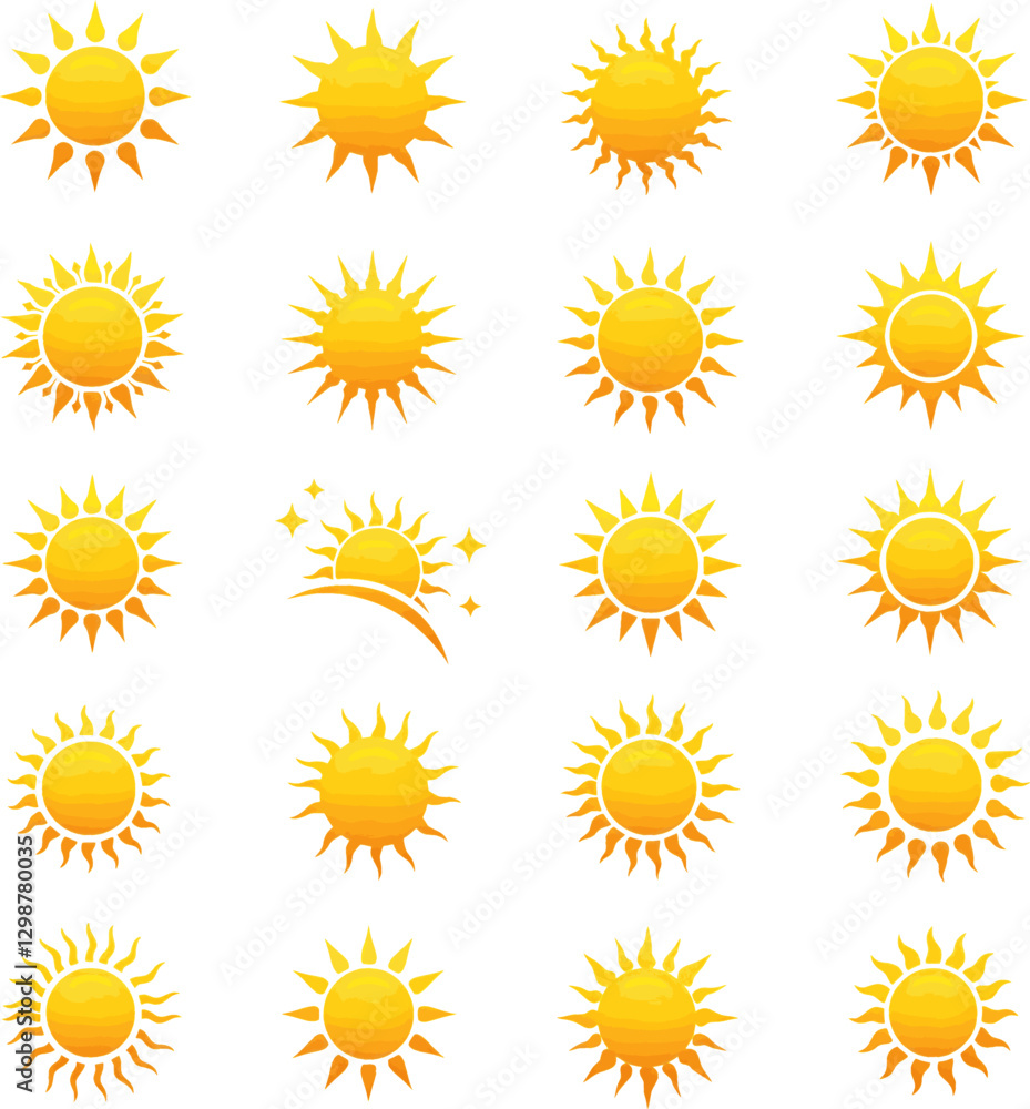 A collection of golden sun icons featuring different artistic styles, isolated on a black background, perfect for weather, summer, and energy themes.
A collection of golden sun icons featuring different artistic styles, isolated on a black background, perfect for weather, summer, and energy themes.