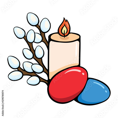 Candle with Easter colorful eggs and willow branches. Bright vector illustration isolated on white background for print, sticker, greeting card