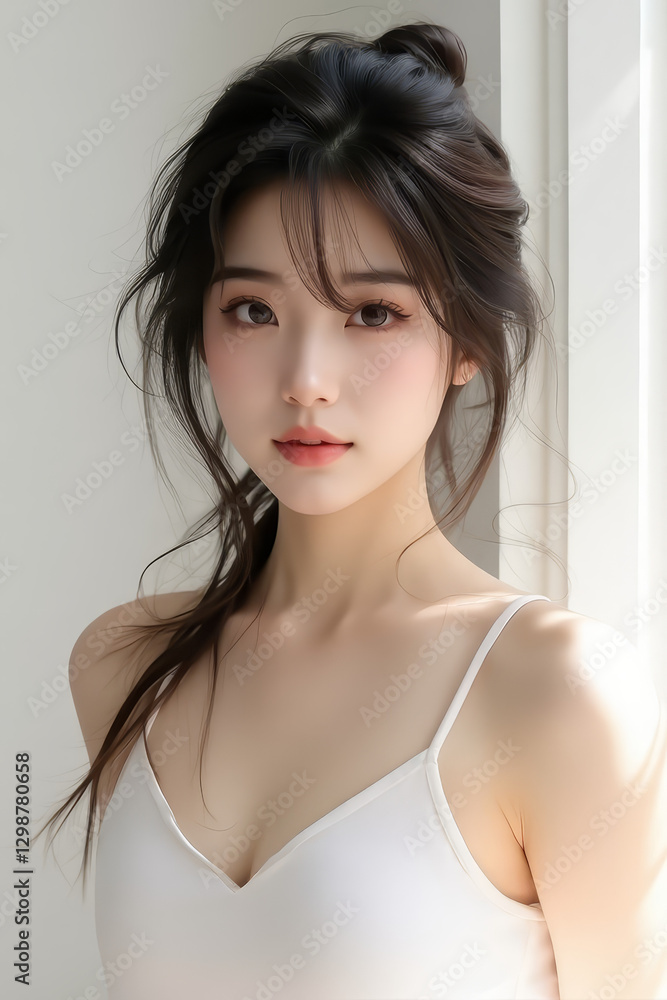 Asian Female in Studio Setting - Young Woman on White Background with Soft Shadows - Styled Long Hair - Portrait of Eastern Beauty for Fashion or Cosmetic Model - Photoshoot Modelling Asian Female in Studio Setting - Young Woman on White Background with Soft Shadows - Styled Long Hair - Portrait of Eastern Beauty for Fashion or Cosmetic Model - Photoshoot Modelling