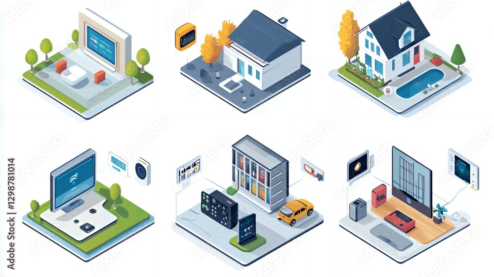 A vibrant isometric illustration of modern living spaces and smart technology. A vibrant isometric illustration of modern living spaces and smart technology.