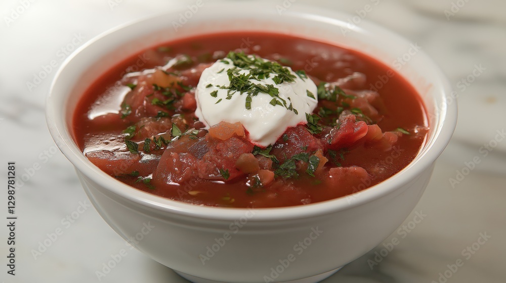Delicious homemade borscht soup with sour cream and fresh herbs in white bowl Delicious homemade borscht soup with sour cream and fresh herbs in white bowl