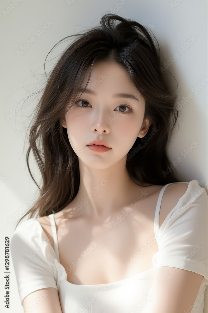 Asian Female in Studio Setting - Young Woman on White Background with Soft Shadows - Styled Long Hair - Portrait of Eastern Beauty for Fashion or Cosmetic Model - Photoshoot Modelling Asian Female in Studio Setting - Young Woman on White Background with Soft Shadows - Styled Long Hair - Portrait of Eastern Beauty for Fashion or Cosmetic Model - Photoshoot Modelling