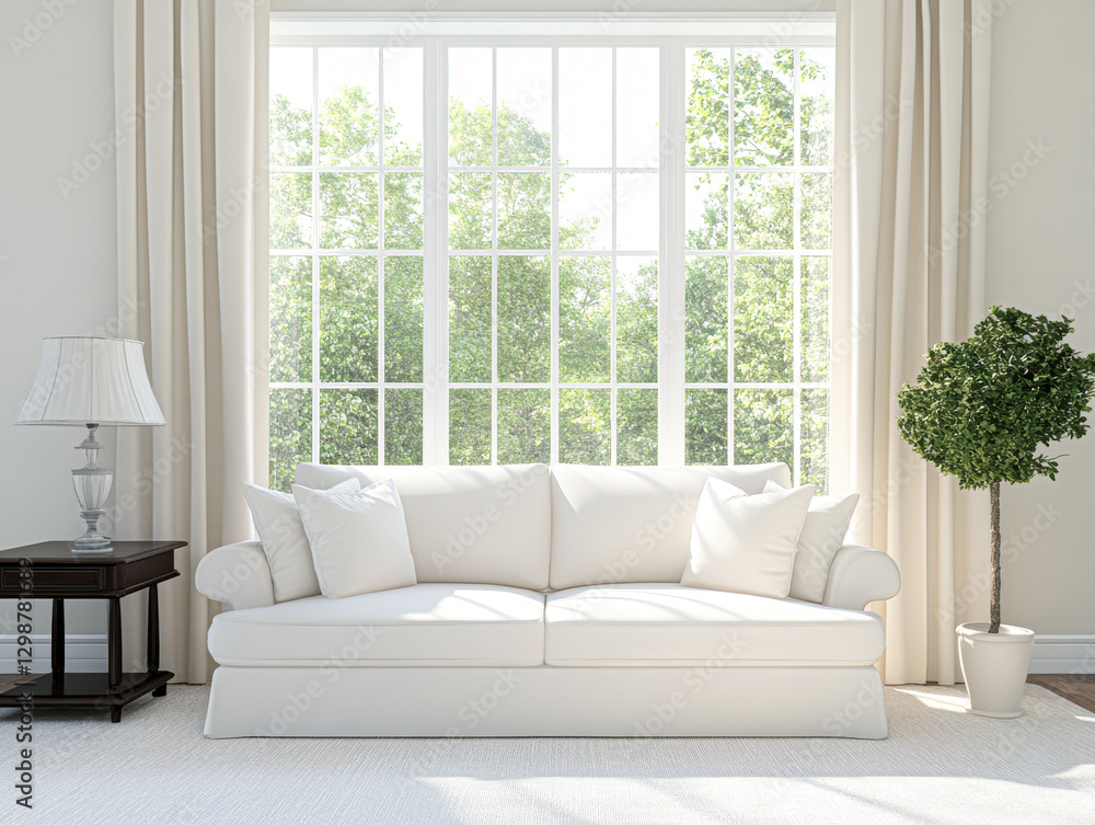Fototapeta premium Bright living room with white sofa and large windows.