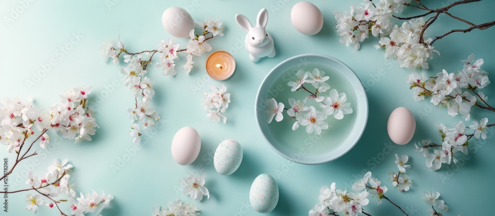 Decorative Easter arrangement with eggs, Easter porcelain bunny and cherry blossoms around a bowl filled with cherry blossoms. Easter greetings from wellness spa salon. Happy Easter. With copy space Decorative Easter arrangement with eggs, Easter porcelain bunny and cherry blossoms around a bowl filled with cherry blossoms. Easter greetings from wellness spa salon. Happy Easter. With copy space