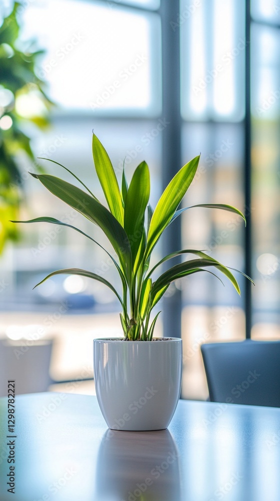 Vibrant green potted plant sitting atop a sleek, modern table with a blurred background of office windows, capturing a serene and fresh indoor environment. Vibrant green potted plant sitting atop a sleek, modern table with a blurred background of office windows, capturing a serene and fresh indoor environment.