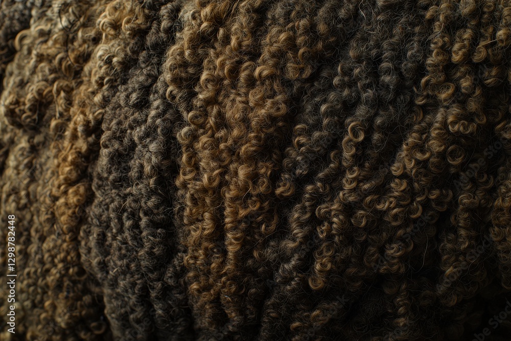 Close-up of a rare breed sheep's fleece, showcasing intricate curls and variations in color ranging from deep brown to light gold, offering a rich textural experience. Close-up of a rare breed sheep's fleece, showcasing intricate curls and variations in color ranging from deep brown to light gold, offering a rich textural experience.