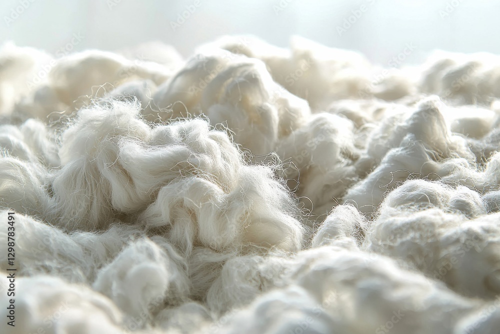 A close-up view of fluffy white wool, creating a soft and inviting texture, ideal for use in textiles, crafts, and sustainable fashion design projects.