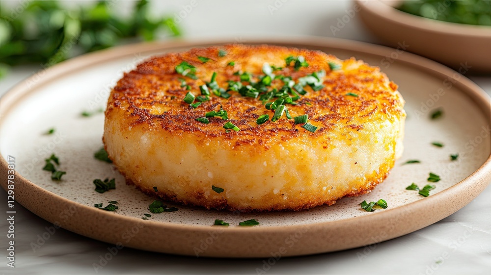 Single golden brown hash brown patty on a plate Single golden brown hash brown patty on a plate