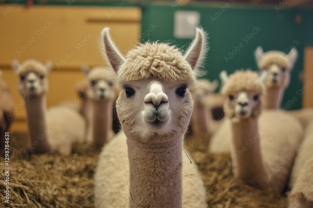 Obraz premium A charming herd of fluffy alpacas gathered indoors, with one prominent alpaca in focus, creating a heartwarming and engaging scene full of character and warmth.