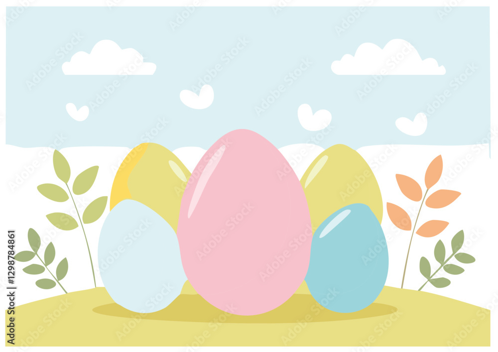 Landscape with Easter eggs, spring landscape, postcard for Easter in pastel colors Landscape with Easter eggs, spring landscape, postcard for Easter in pastel colors