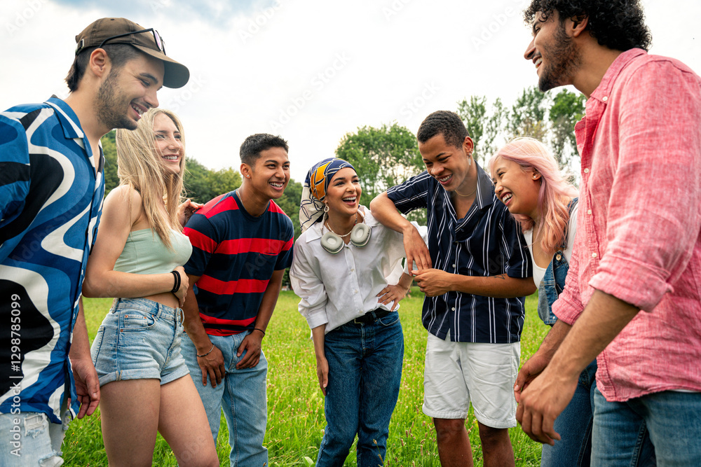 Group of multiethnic teenagers spending time outdoor on a picnic at the park Group of multiethnic teenagers spending time outdoor on a picnic at the park