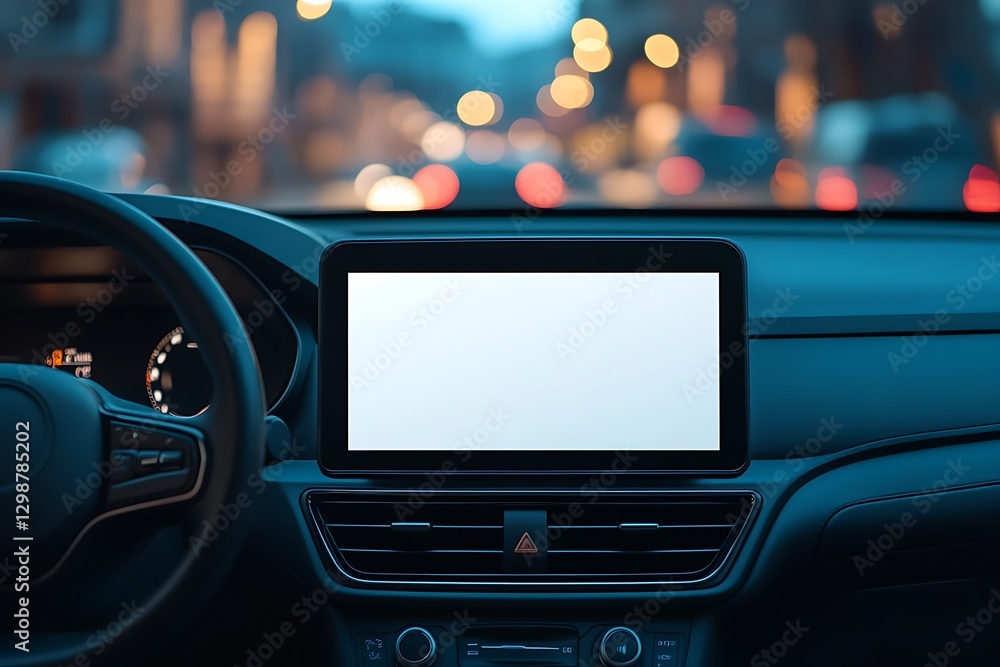 Blank tablet screen in car at night. Blank tablet screen in car at night.