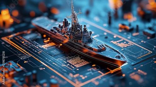 Futuristic Warship on Circuit Board