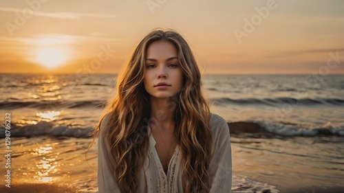Golden Hour Portrait: Serene Young Woman on Beach