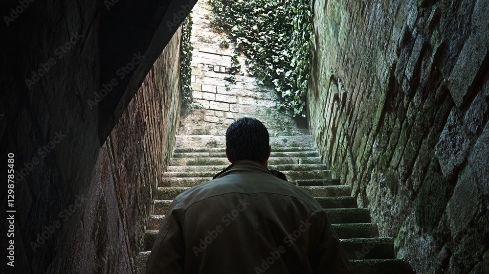 Professional Man Gazing Up Stairs Urban Exploration Authentic Expression Professional Man Gazing Up Stairs Urban Exploration Authentic Expression