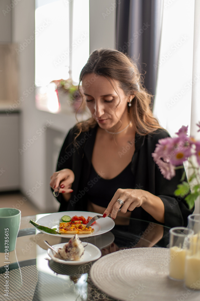 Woman Breakfast Home Kitchen: Enjoying healthy meal at home table during morning. Woman Breakfast Home Kitchen: Enjoying healthy meal at home table during morning.