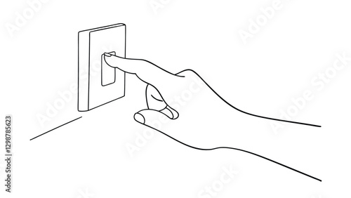 Line drawing of a hand about to press a light switch. Simple illustration depicting the action of turning a light on or off.