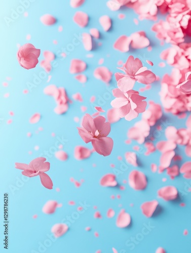 Floating pink petals and blossoms create a serene, dreamlike scene against a soft blue backdrop