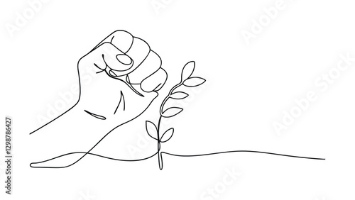 A continuous line drawing depicts a clenched fist gently cradling a delicate sprout emerging from the ground. Symbolizes environmental protection and empowerment.