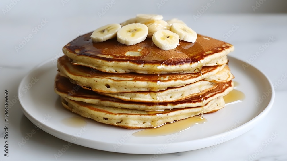 Delicious Stack of Buttery Pancakes Topped with Banana Slices and Syrup Delicious Stack of Buttery Pancakes Topped with Banana Slices and Syrup