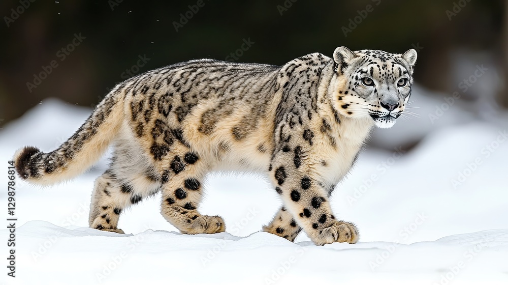 Snow Leopard Walking Gracefully Across a Snowy Landscape in Winter Snow Leopard Walking Gracefully Across a Snowy Landscape in Winter