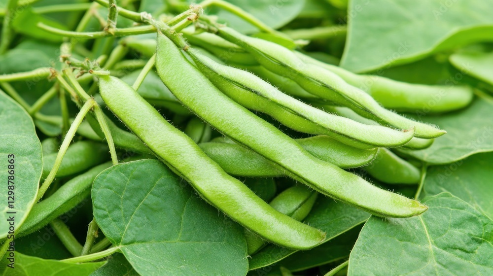 Fresh green beans on leafy background, showcasing their natural appearance. Fresh green beans on leafy background, showcasing their natural appearance.