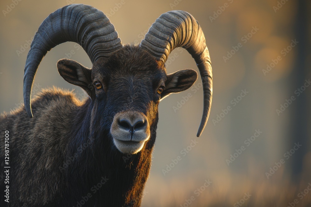 A captivating portrait of a wild Mouflon ram with impressive curved horns, bathed in golden sunlight, creating a stunning contrast against the serene natural background.
