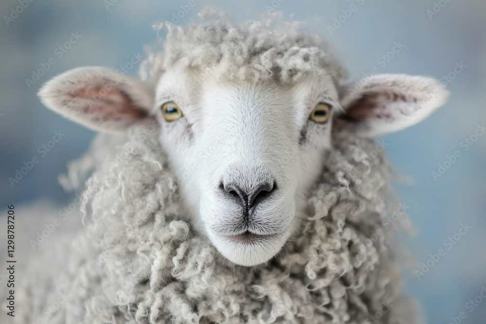 Fototapeta premium An endearing close-up portrait of a sheep, highlighting its unique wool texture, gentle facial features, and soft, muted color palette against a serene background, artistic rendering.