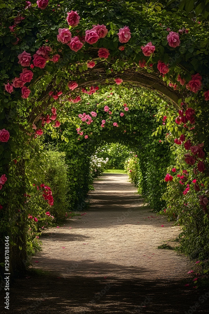 Fototapeta premium Serene Garden Archway Covered with Climbing Roses in Full Bloom