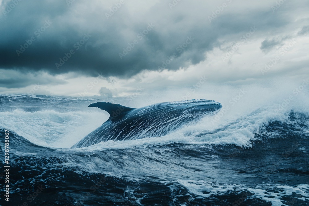 Fototapeta premium Whale breaching amid stormy waves a dramatic wildlife photography perspective
