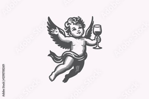 Flying cherub with wine glass, vintage engraving, vector art