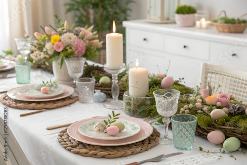 Wallpaper Mural  Elegant Easter Table Setting with Candles and Floral Decor – Holiday Dining Concept Torontodigital.ca